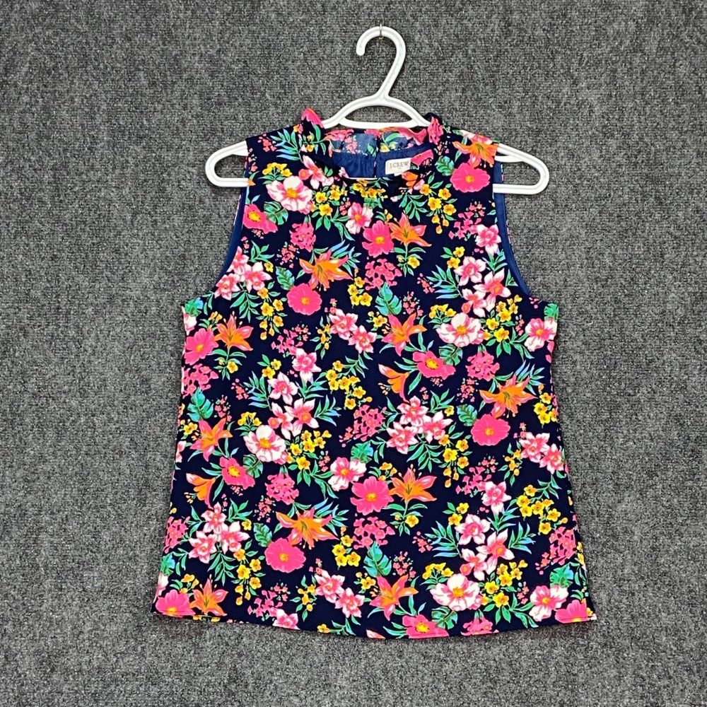 J. Crew Floral Print Ruffle Mock Neck Sleeveless Top Women's Size S Colorful